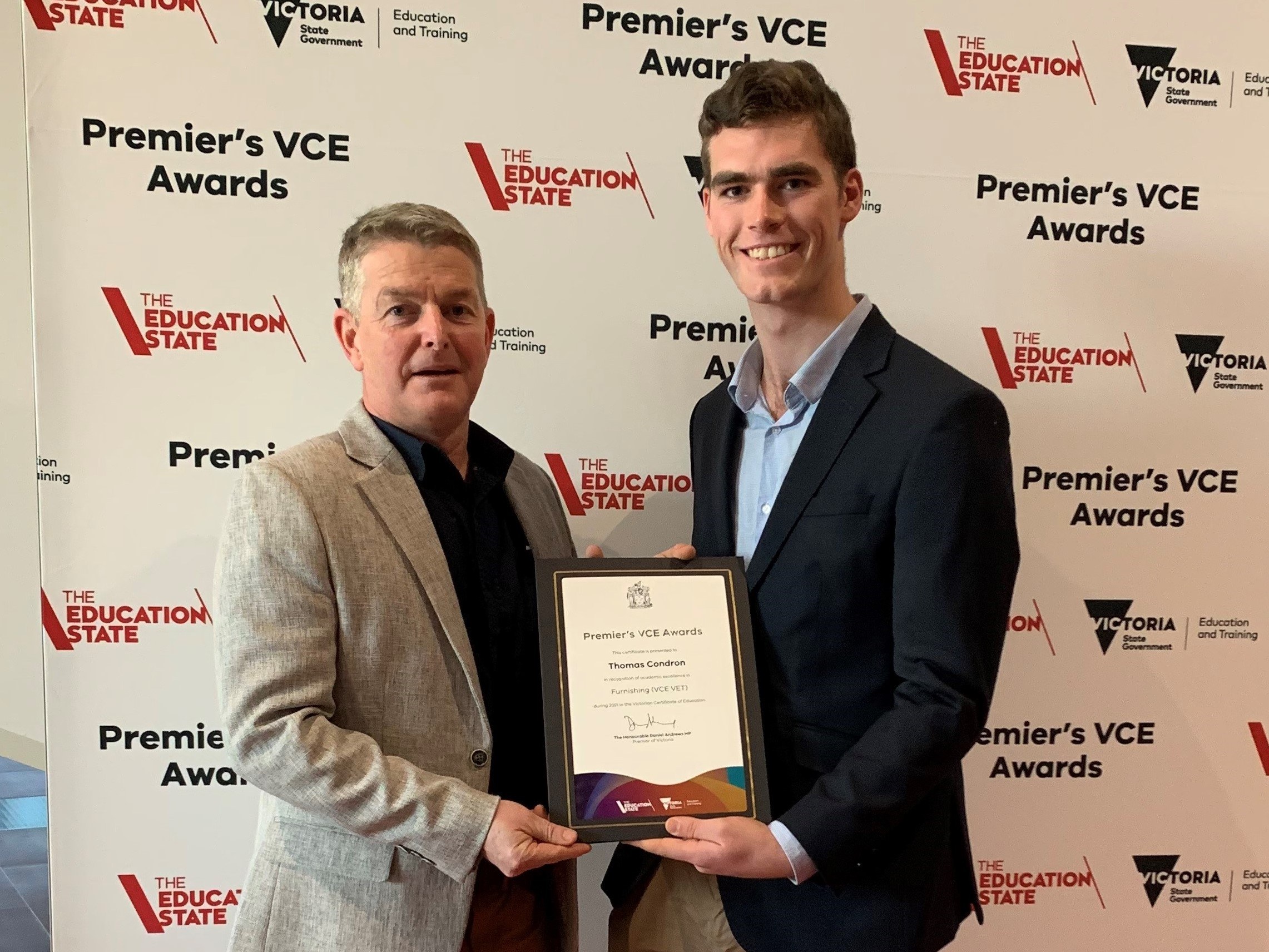 Gippsland Grammar Wood Technology and Furnishing teacher Mr Nick Kuch with former Gippsland Grammar student Tom Condron who was awarded the 2021 VCE Premier’s Award for excellence in Furnishing.
