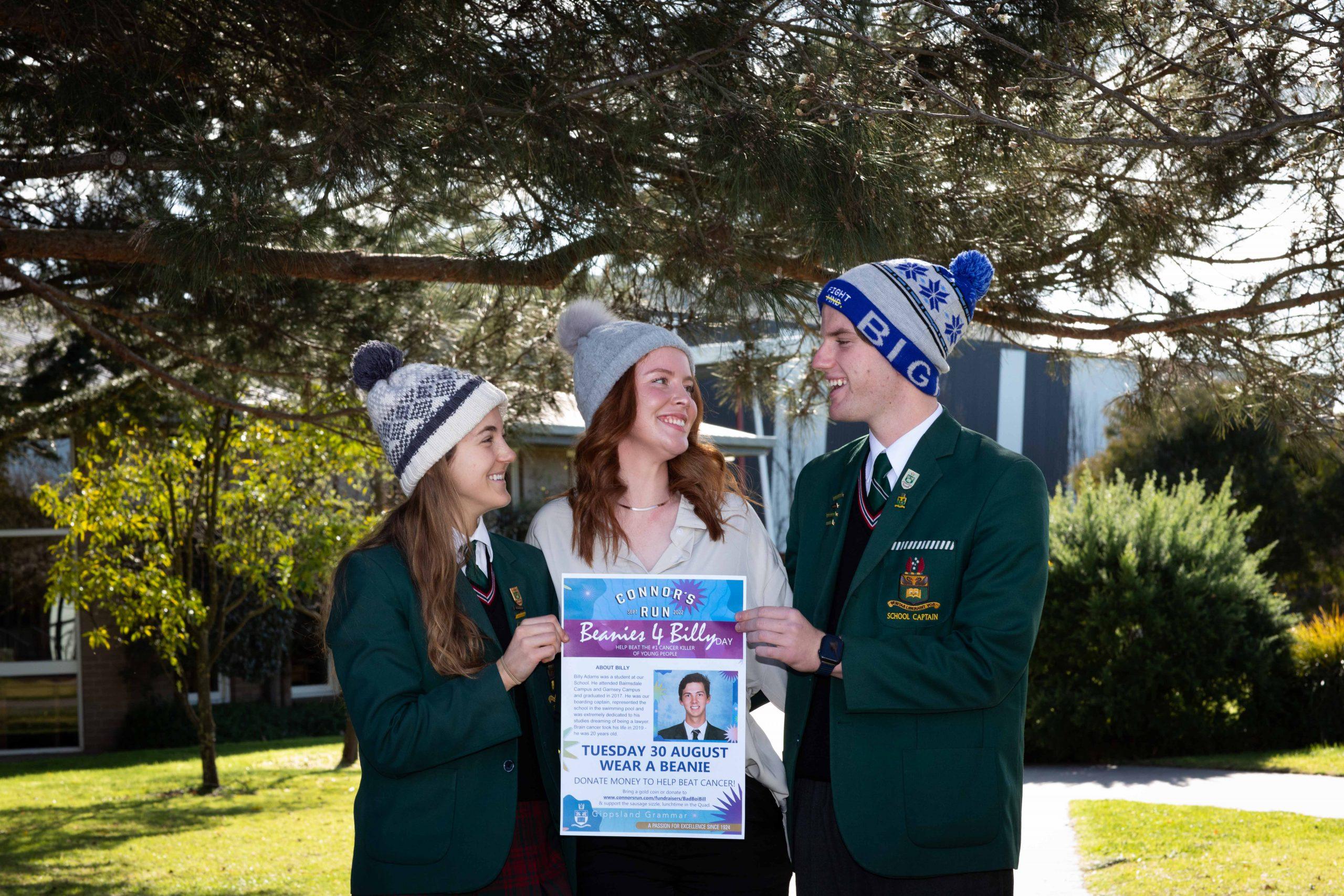 Prefects Lara Hall and Rory McLeod together with Old Scholar Ella Baker-Horan getting ready for Beanies for Billy Day.