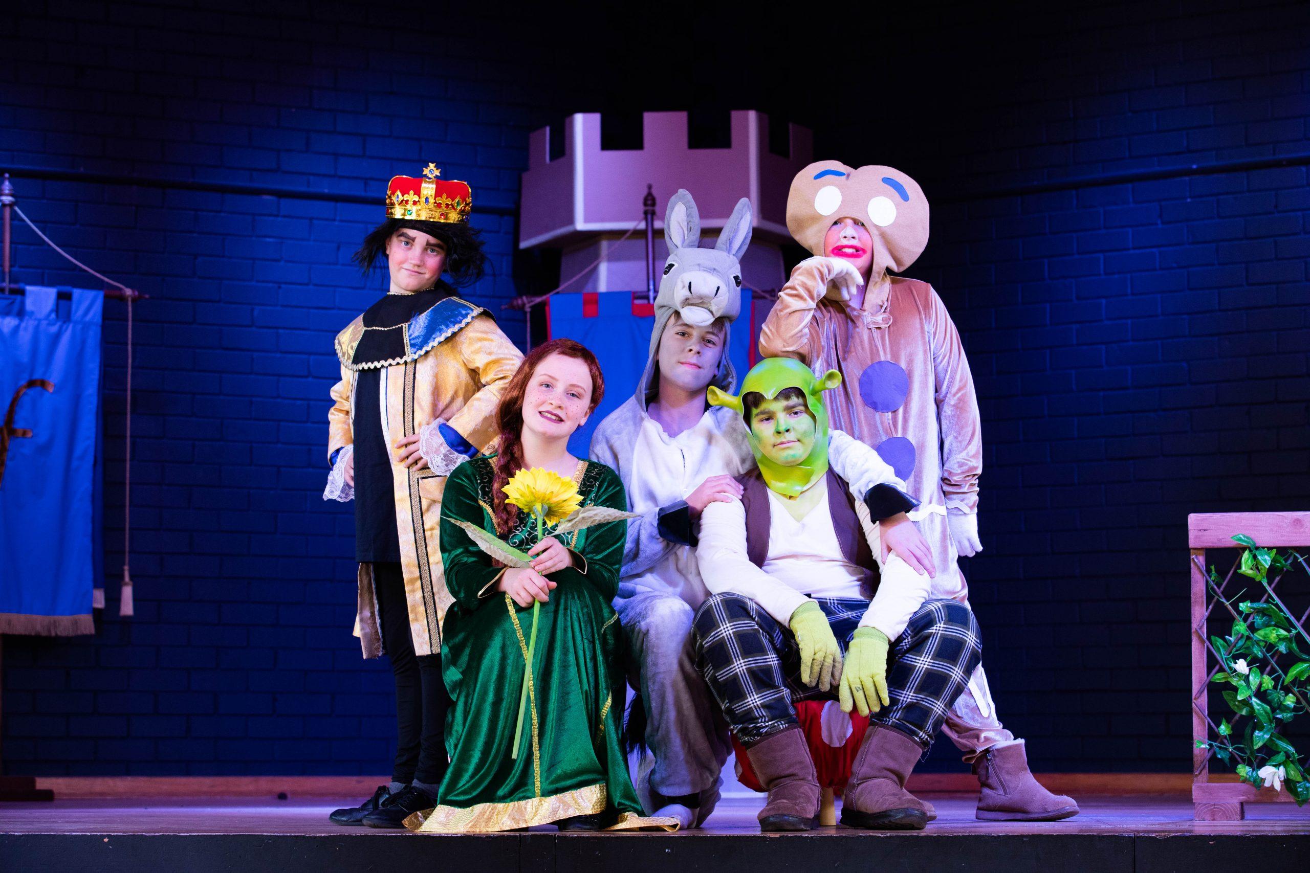 Gippsland Grammar students Matthew Canfield as Lord Farquaad, Hannah Mack as Princess Fiona, Oscar Callanan as Donkey, Ashton Carroll as Shrek and Dillon Meredith as Gingy in ‘Shrek The Musical JR’ on show at The Wedge in late August.